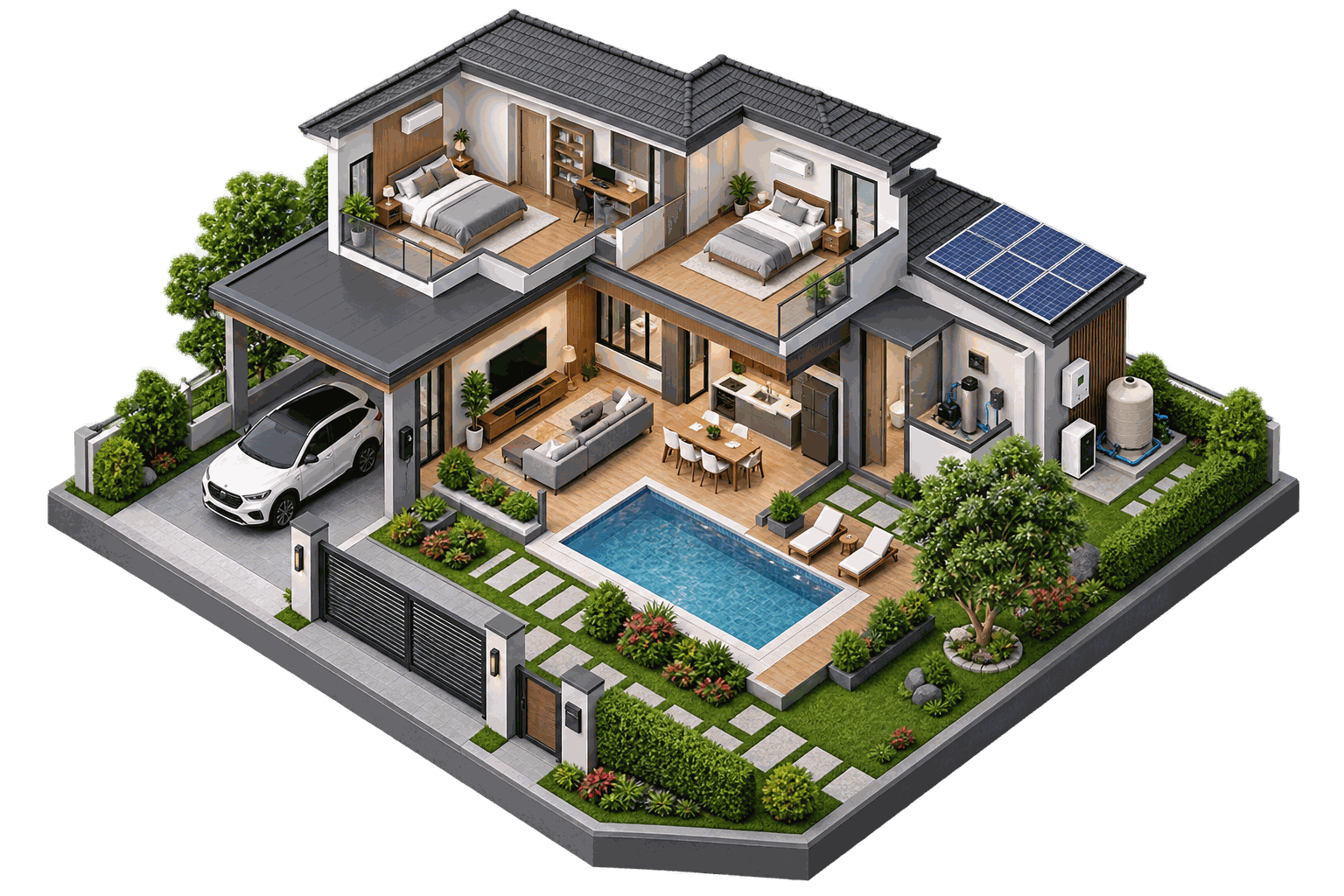 บ้านอัจฉริยะพร้อมสวนและสระว่ายน้ำ